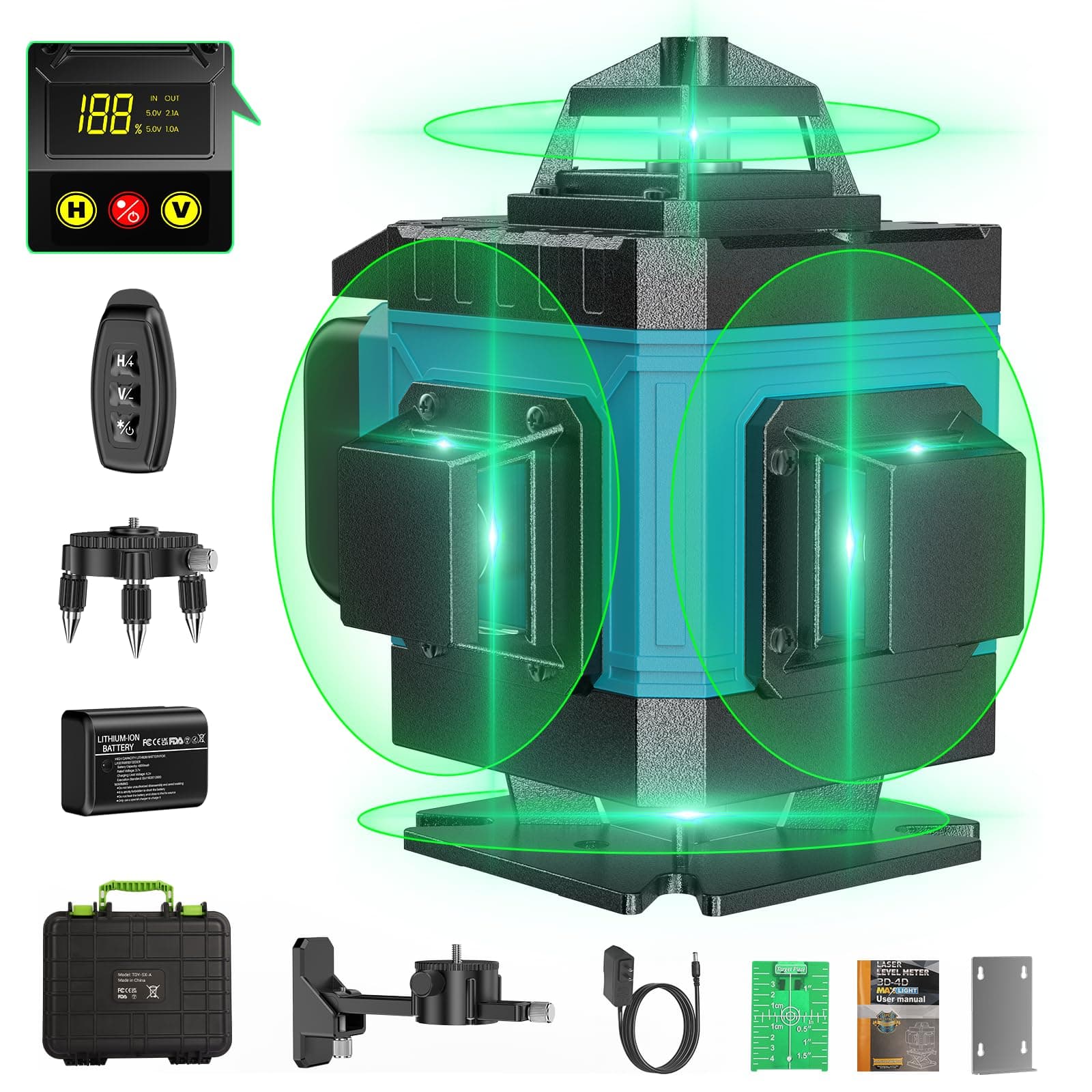 Lazer Niveaux 4D 16 Lignes Laser x 360° Autonivelant Extérieur | Batterie 2 x Pulsé | Nivellement Automatique | Support