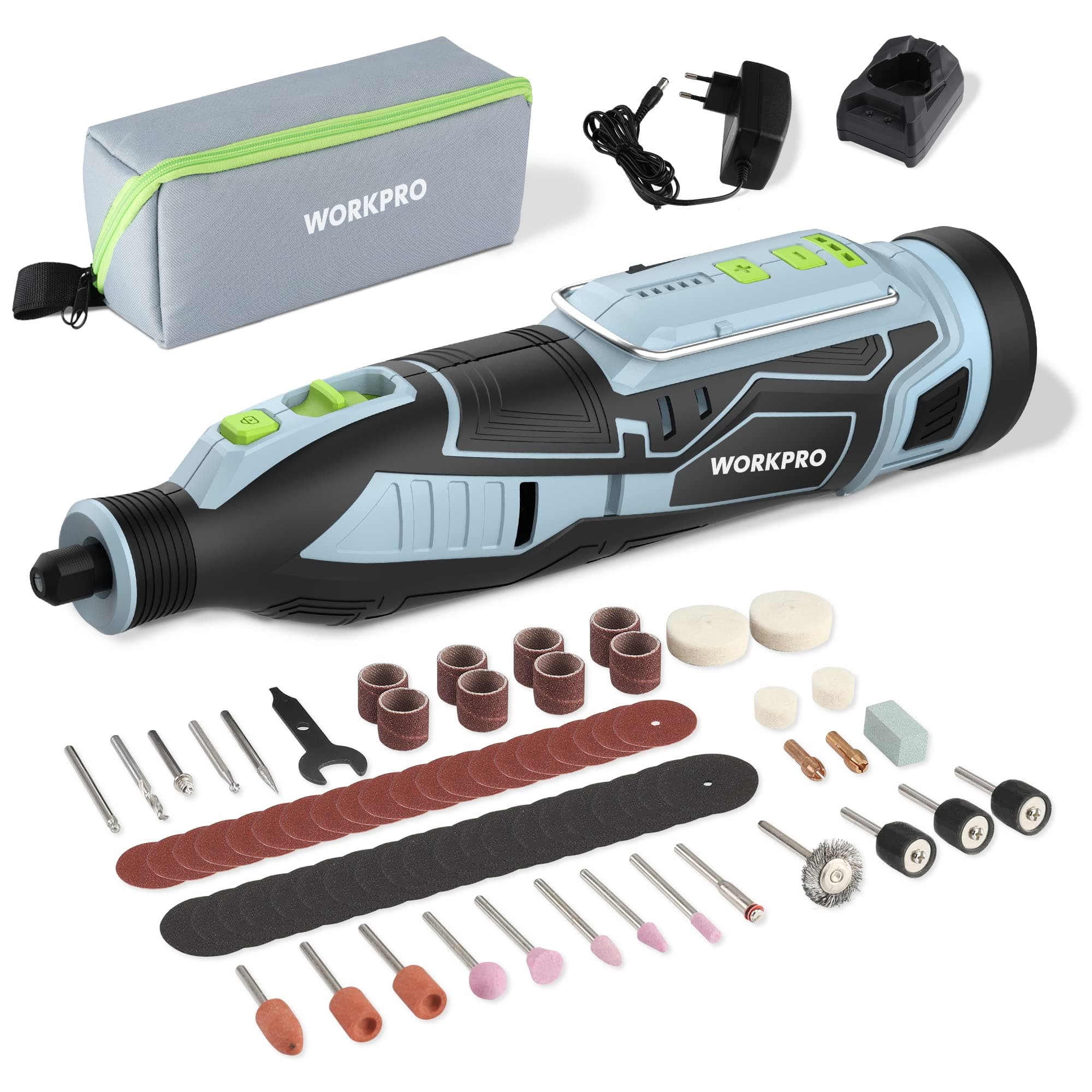 Outil Rotatif WORKPRO sans Fil 12V 114 Accessoires Meuler Couper Percer Polir Nettoyer Graver 7500-32000 tr/min