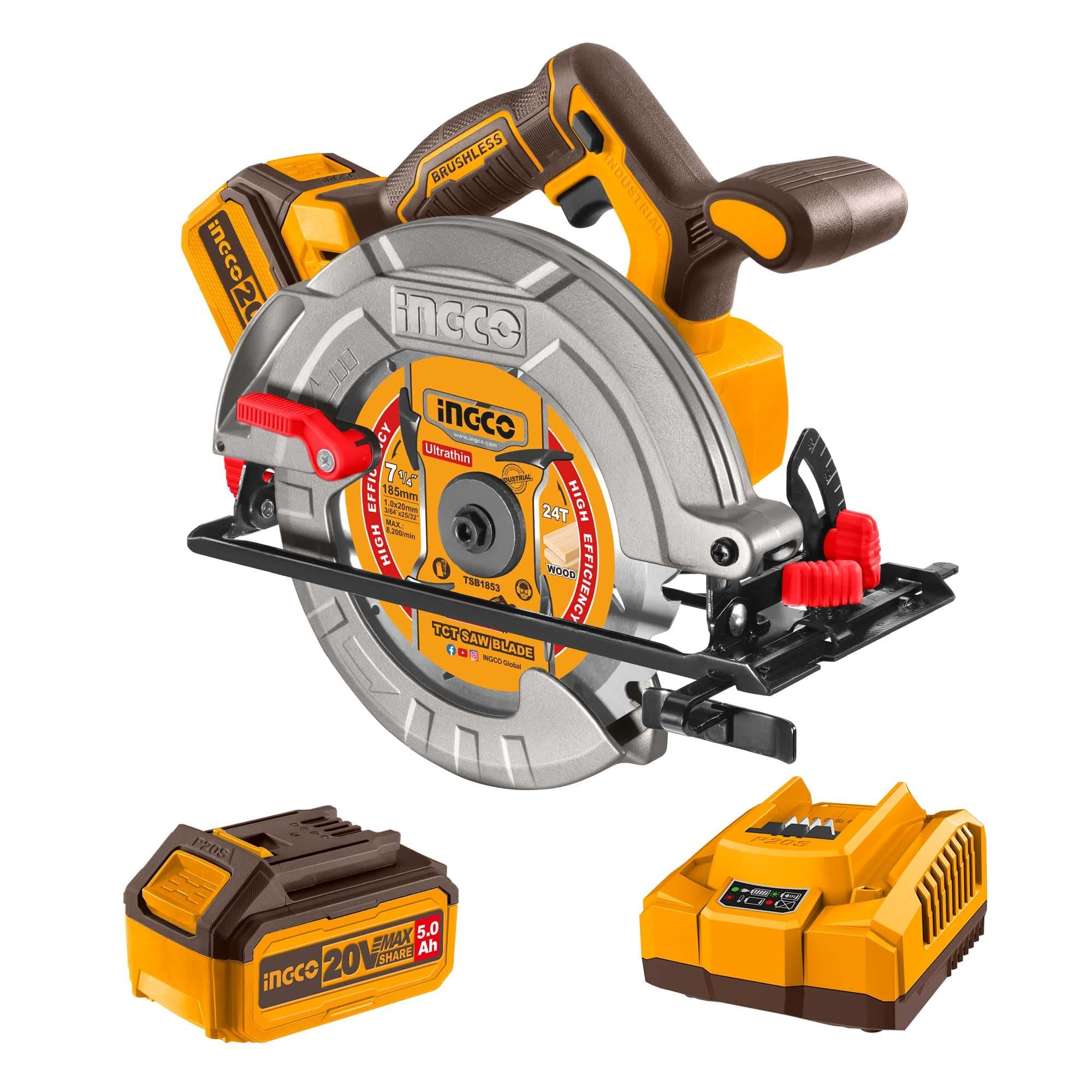 INGCO Scie Circulaire Sans Fil 20V Moteur Sans Balais Profondeur de Coupe Maximale 65 mm 1 Batterie 5,0 Ah 1 Chargeur