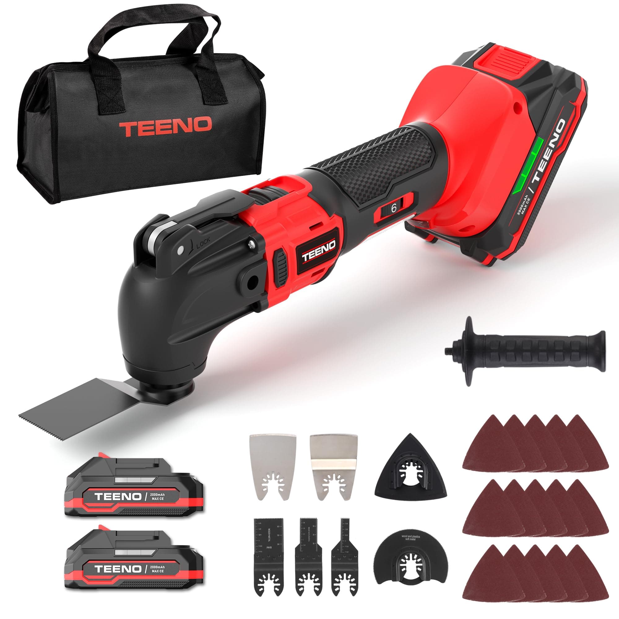 TEENO outil multifonction oscillant sans fil 20V, brushless, 6 vitesses variables, chargeur included, angle oscillant 4°