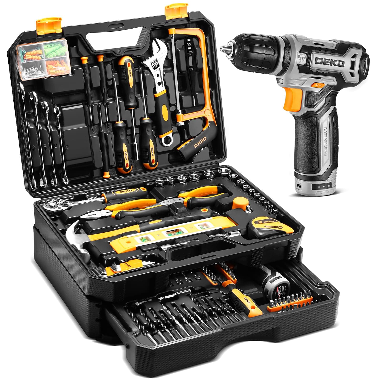 DEKO Caisse à Outils Multifonction sans Fil 12V, Boîte à Outils_complete avec Perceuse, Idéale pour Réparation et Entret