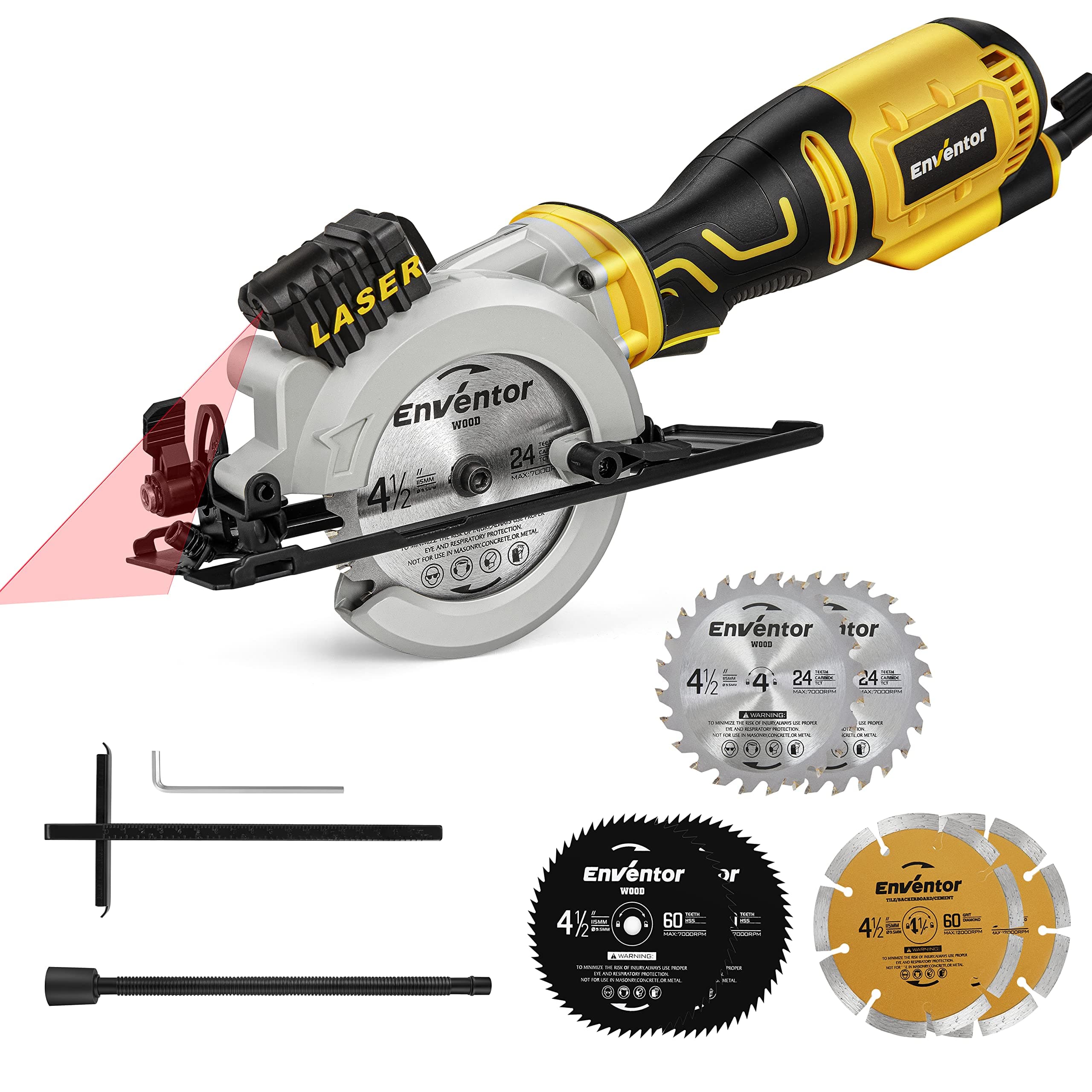 Scie Circulaire ENVENTOR Professionnelle Bois Métal Plastique 705W 3500 RPM 6 Lames 115mm Guide Laser Max 42,8mm Moteur