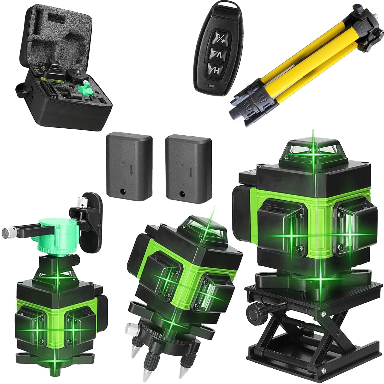 Laser Niveau 4x360° Rotatif Horizontal et Vertical, Nivellement Automatique, 2 Batteries Rechargeables, Avec Trépied