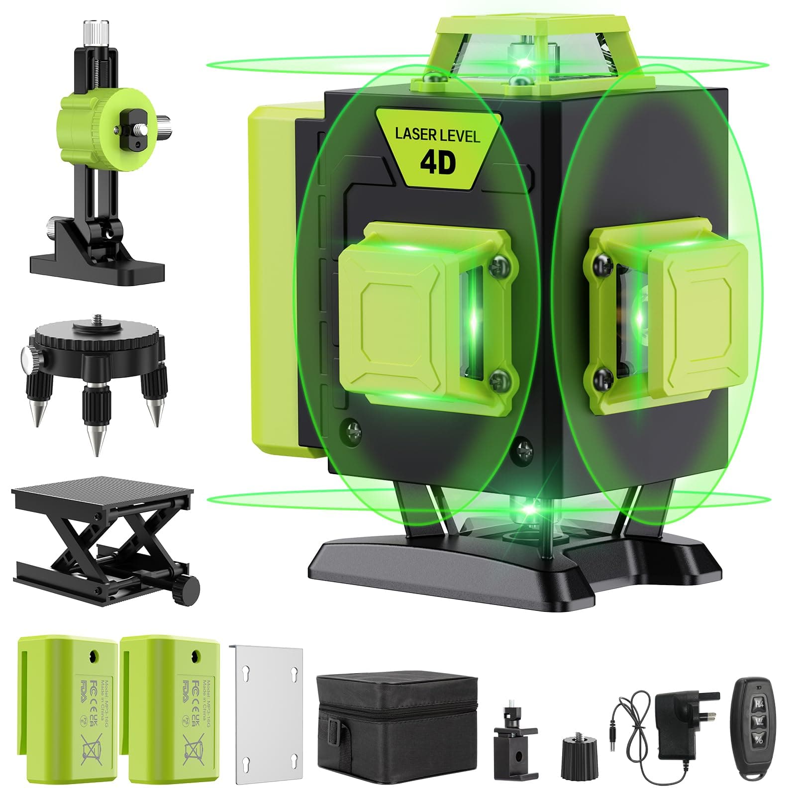 Laser Niveau Professionnel 4 x 360° Vert 16 Lignes Autonivelant Batterie Rechargeable pour Chantier Construction Accroch