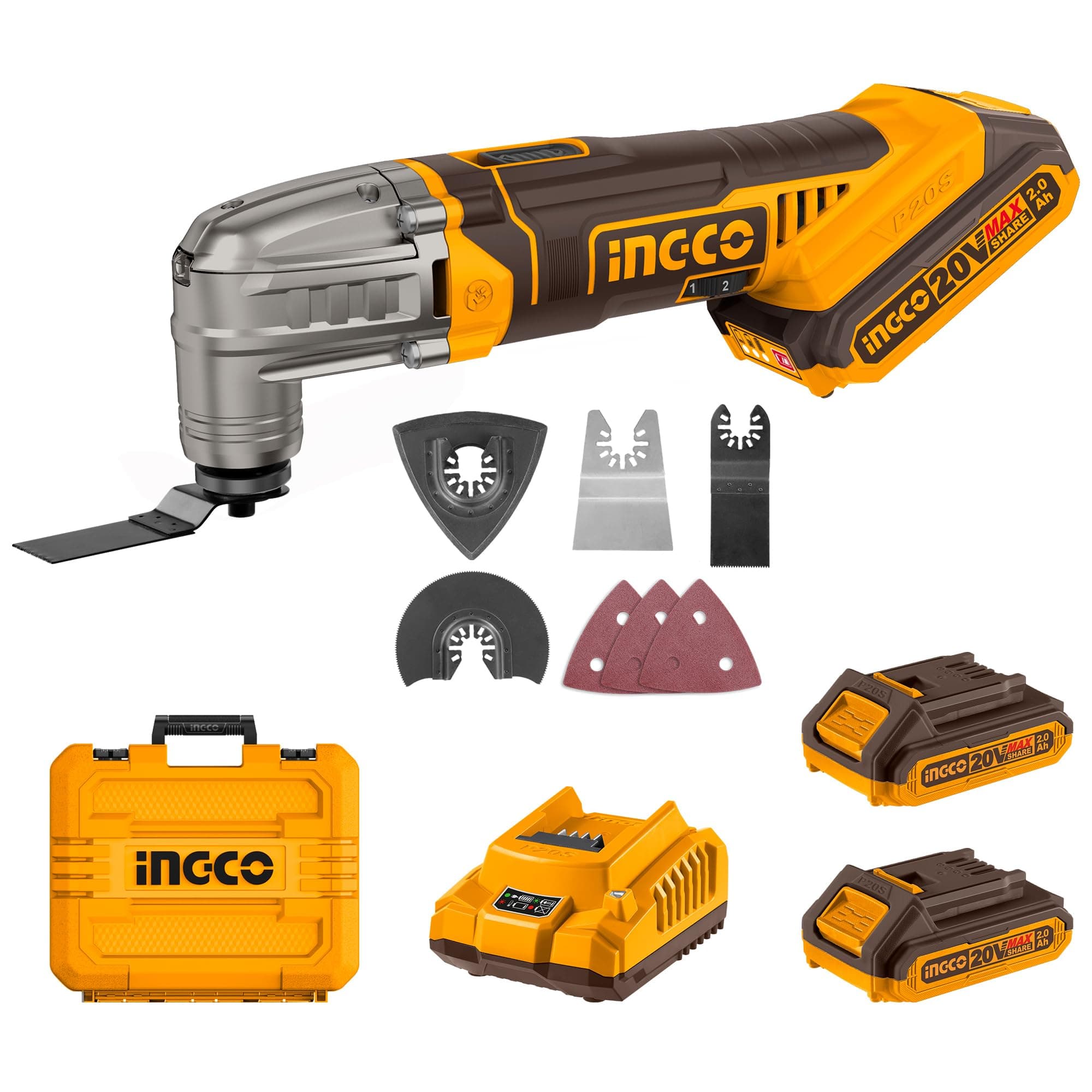 Outil Oscillant Ingco 20V Multifonction 6 Vitesses pour Couper, Poncer, Gratter, Scier avec 2 Batteries 2,0 Ah et 1 Char